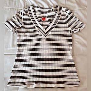 Anthropologie Daily Practice V Neck White/Brown Stripe Tee Shirt Womens size S